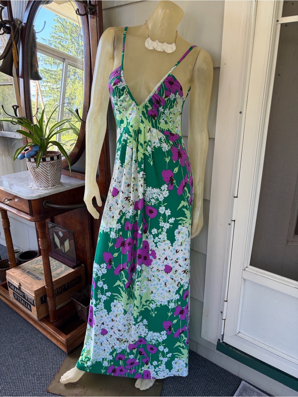 Vintage Free People Green Floral Maxi Dress with Purple & White Blooms